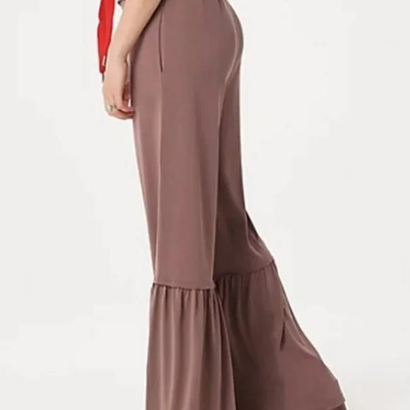 Peace Love World M BOHO Espresso & Red RUFFLE Flare Pants UNIQUE FESTIVE So Soft - Picture 4 of 16
